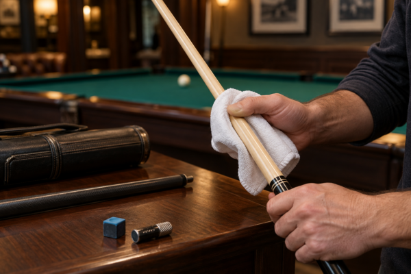Player cleaning a maple pool cue shaft with a microfiber cloth