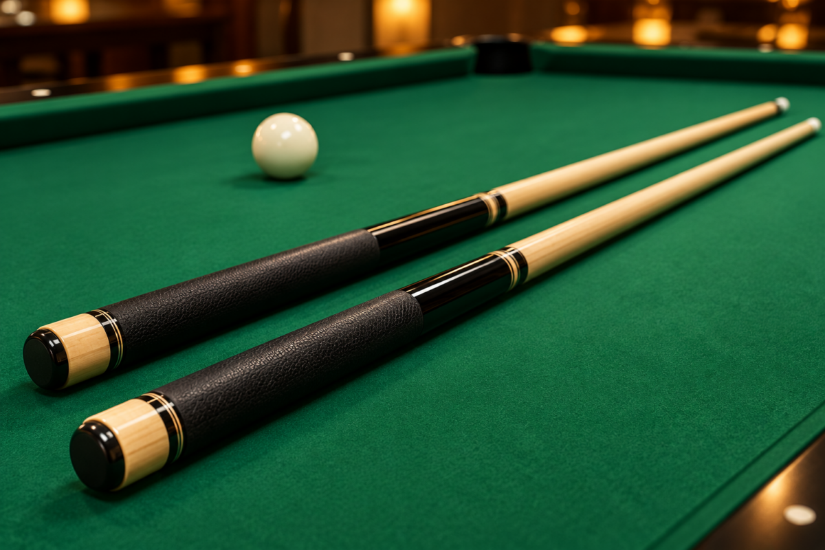 Two black-and-maple pool cues resting parallel on a green billiard table under warm lighting.