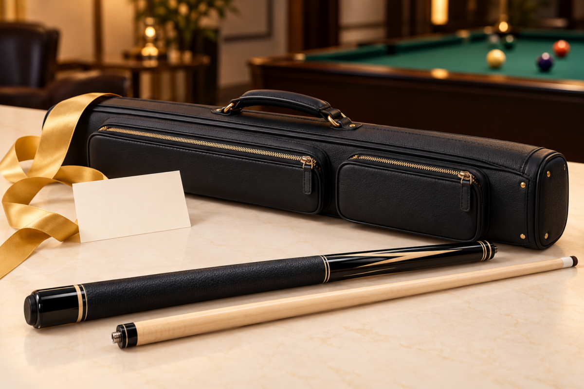 Generic black cue case and two-piece pool cue beside a gold ribbon and blank gift card.