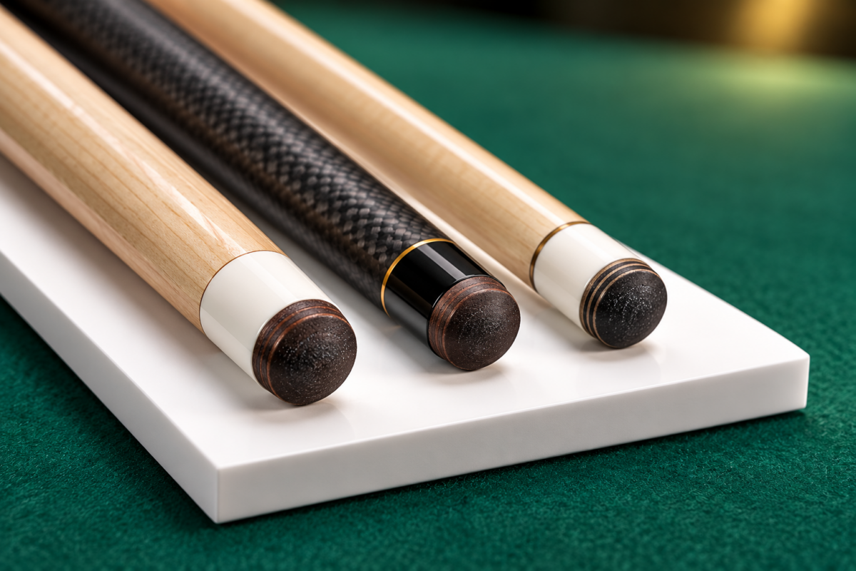 Three generic pool-cue shaft tips arranged on a white display over green billiard cloth.