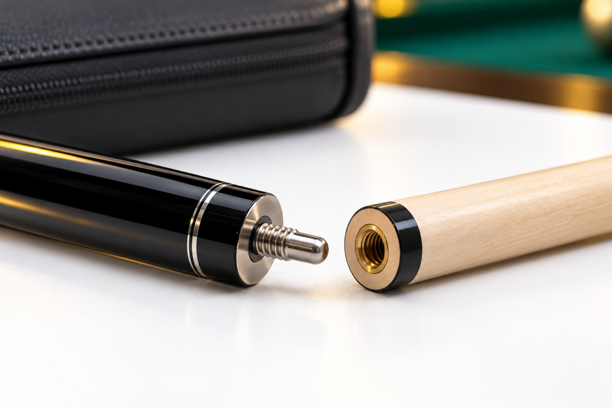 Close view of separate black cue butt and maple shaft joint ends on a white display beside a black case.